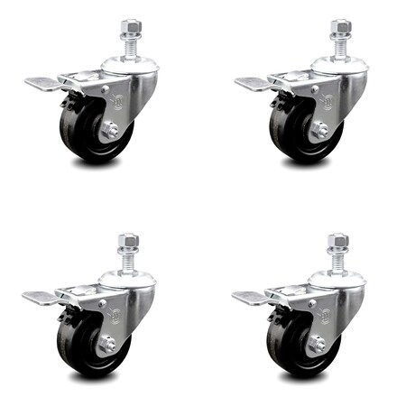 Service Caster 3.5 Inch Phenolic Swivel 1/2 Inch Threaded Stem Caster Set with Total Lock Brake SCC-TSTTL20S3514-PHS-121315-4